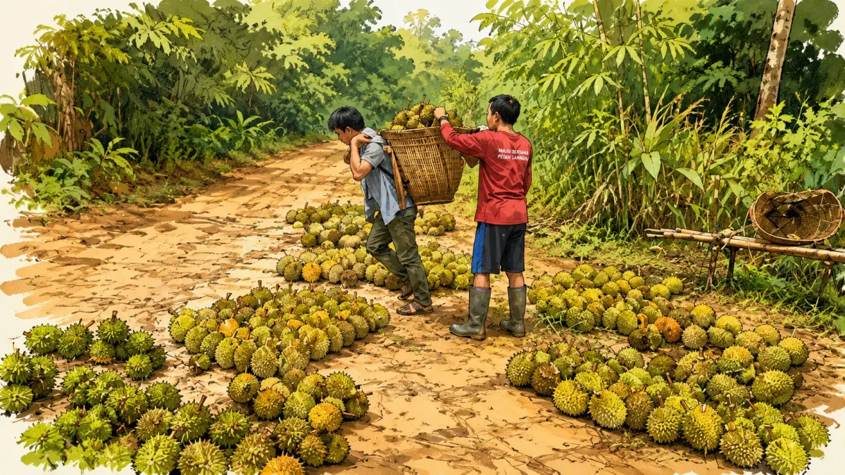 PANEN RAYA: Melimpahnya durian di Desa Benakitan, Kecamatan Batang Kawa, Kabupaten Lamandau, menjadi daya tarik wisatawan. (Repro AI)