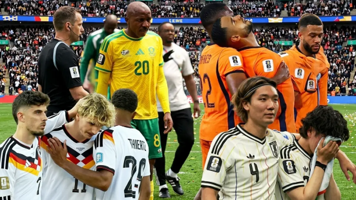 Ilustrasi situasi empat tim raksasa, Jerman, Belanda, Jepang dan Afrika Selatan ketika gagal melaju ke babak 16 besar Piala Dunia 2026. (modifikasi AI)