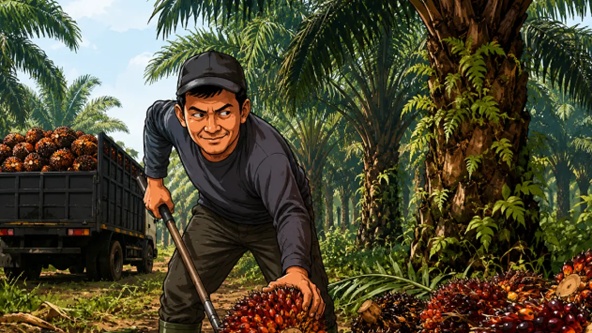 Ilustrasi pemanen sawit ilegal. (AI/Chat GPT)