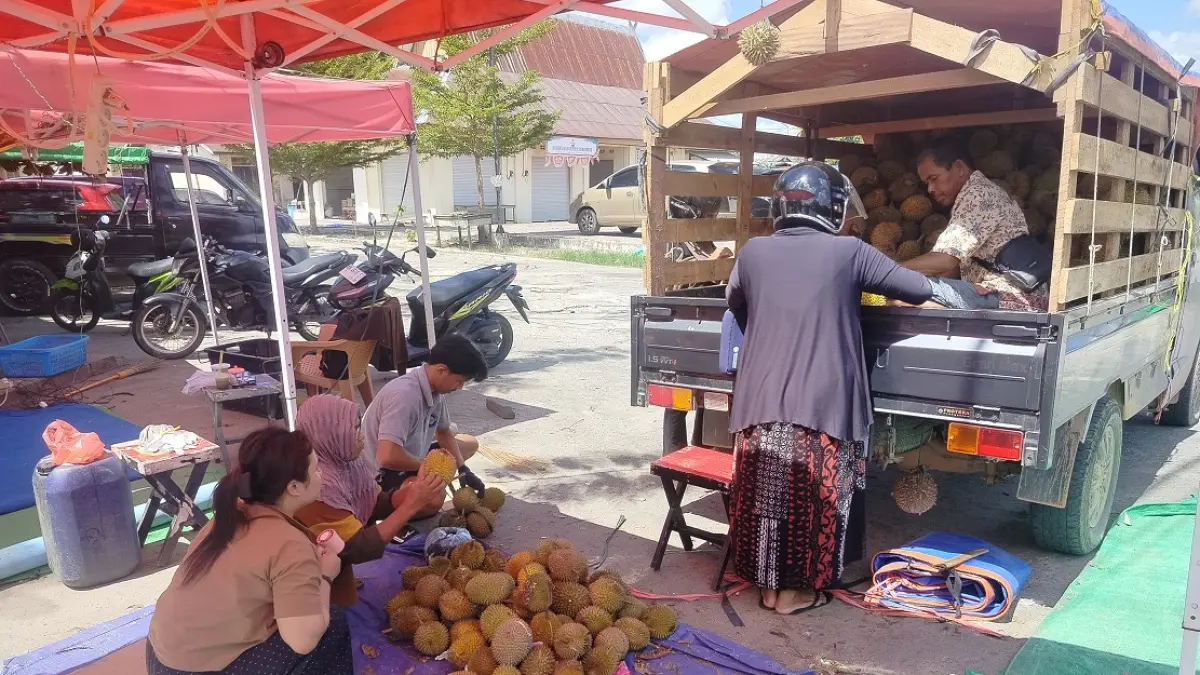 MUSIM DURIAN: Sejumlah warga saat membeli buah durian yang didatangkan dari wilayah Kalimantan Barat. 