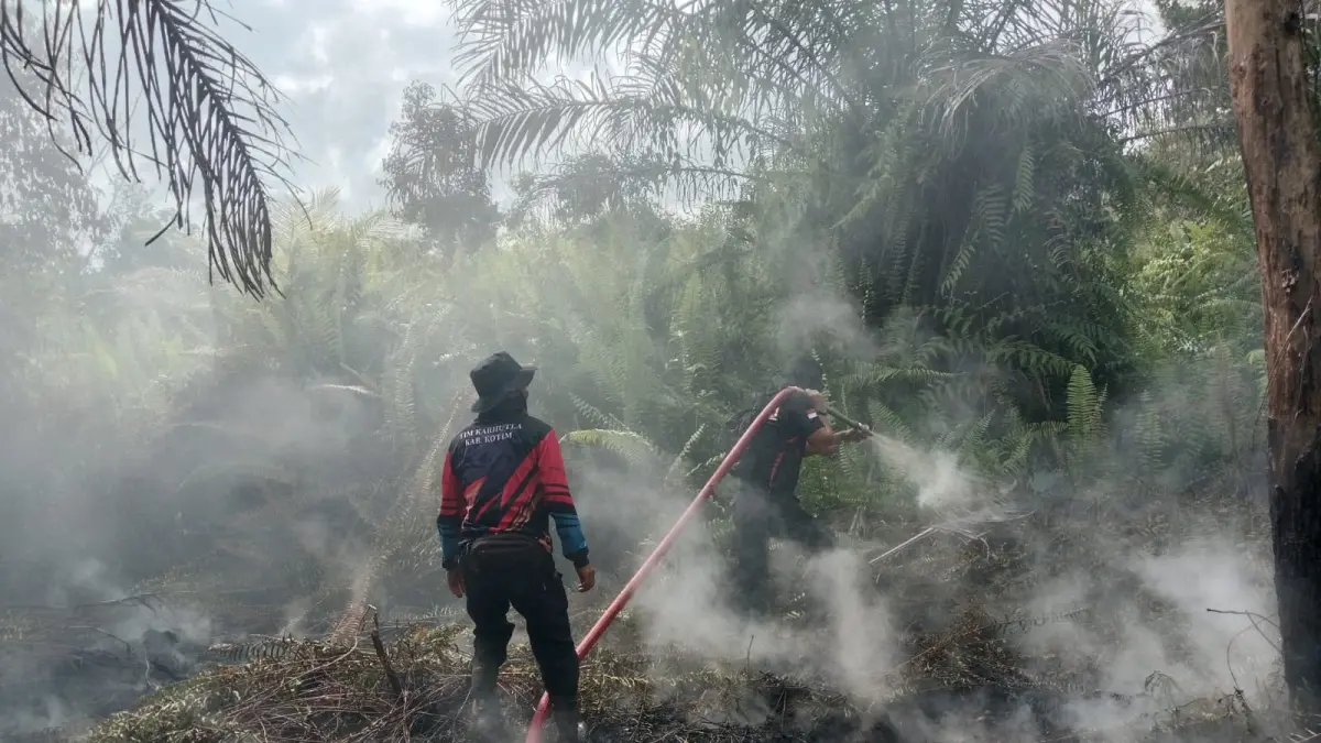 Upaya pemadaman kebakaran lahan gambut dan semak belukar seluas sekitar 2 hektar, yang lingkar utara Jalan Tjilik Riwut, Kelurahan Baamang Hulu, yang juga berdekatan dengan landasan pacu Bandara H Asan Sampit, Jumat (2/7).(istimewa/BPBD Kotim)