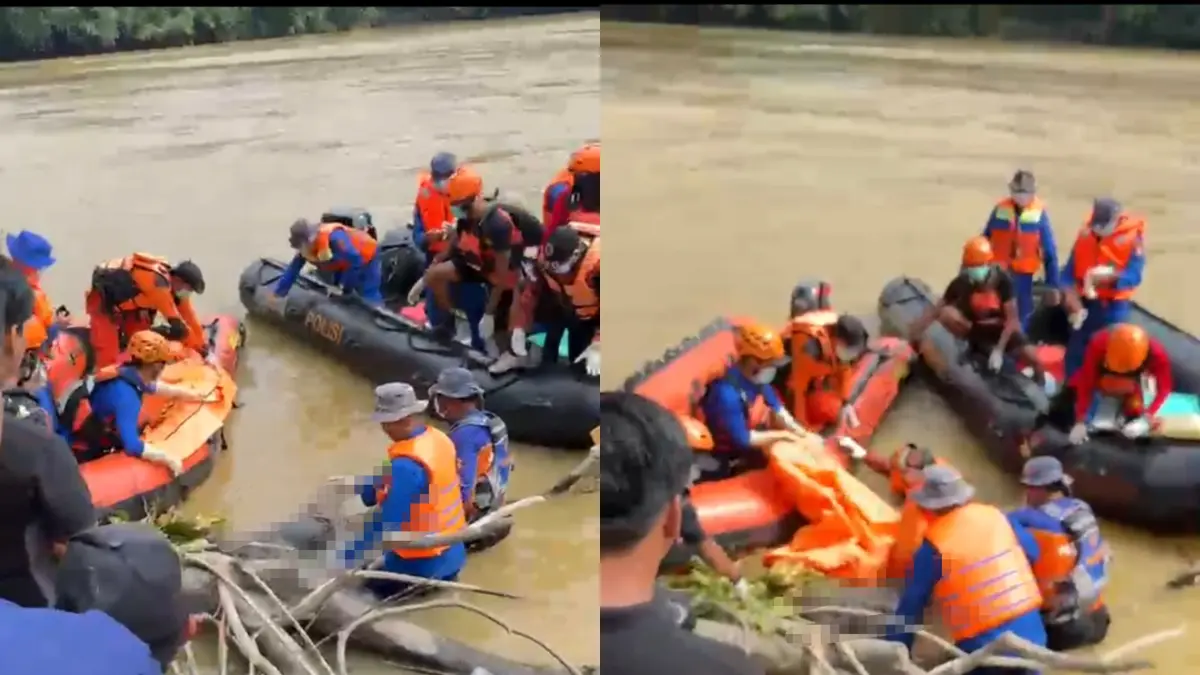 EVAKUASI: Petugas gabungan saat evakuasi jenazah Aiptu Sumariyanto di Sungai Katingan Desa Rantau Asam. (warga/radar sampit)