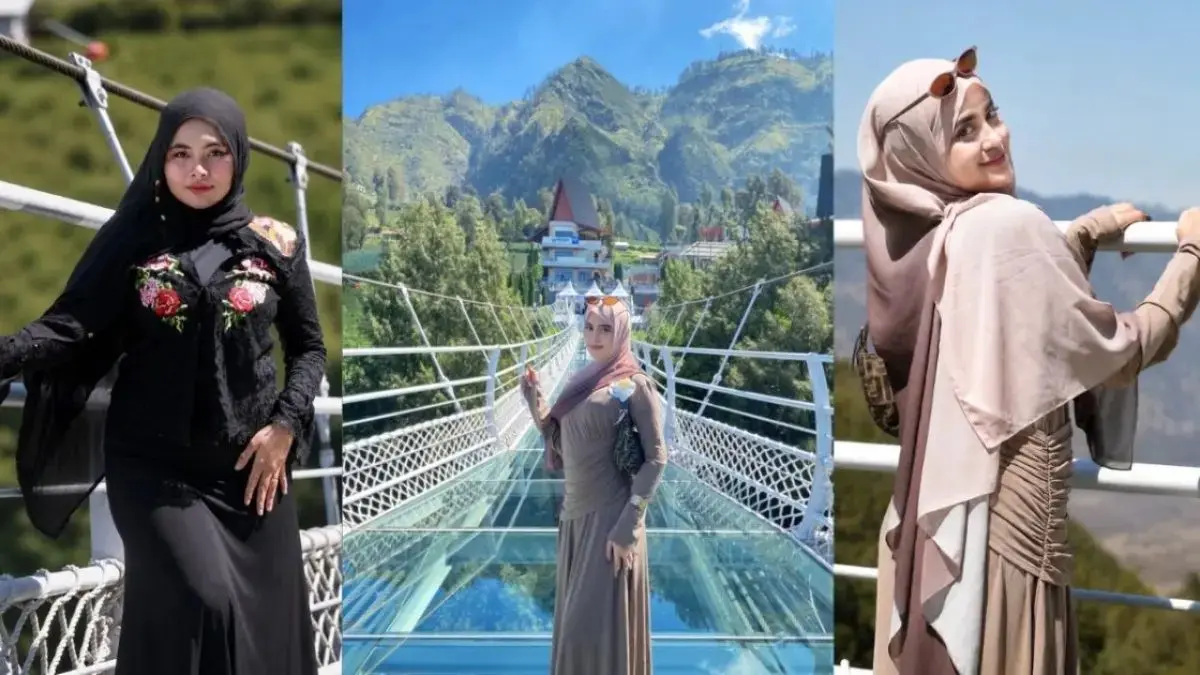 KEINDAHAN ALAM: Pesona wisatawan di Bromo Sky Bridge, jembatan kaca ikonik Seruni Point dengan latar alam memukau.