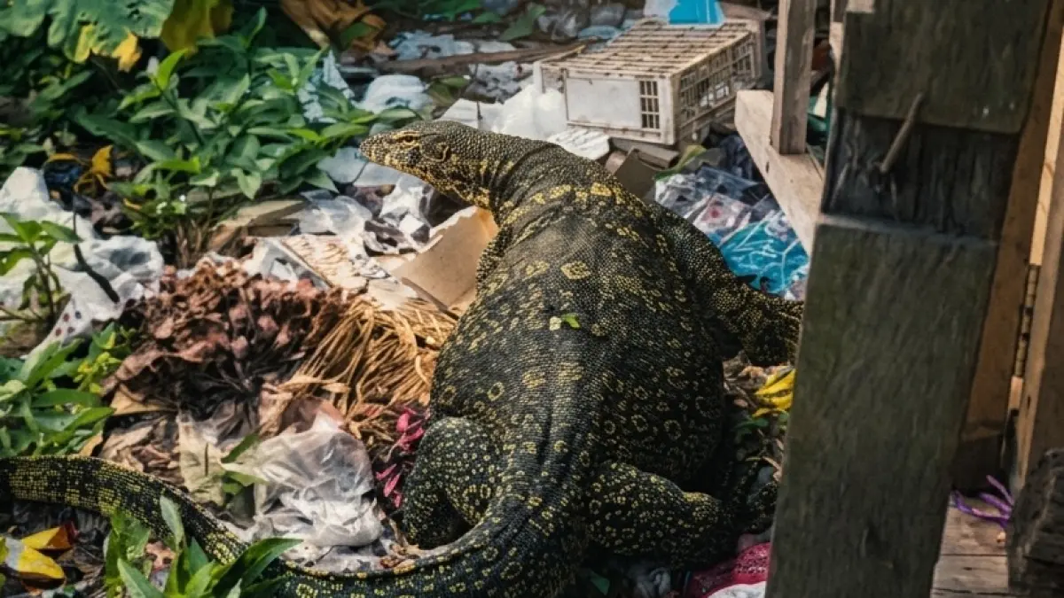 Biawak muncul di blok J Pasar Indra Sari, Kelurahan Baru, Kecamatan Arsel, Kabupaten Kobar, Minggu 12 Juli 2026. (IST)