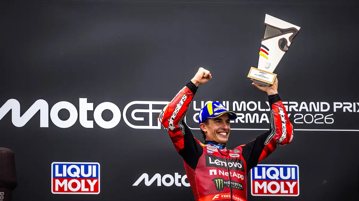 Marc Marquez saat meraih podium pertama MotoGP Jerman 2026, Minggu (12/7). (net)