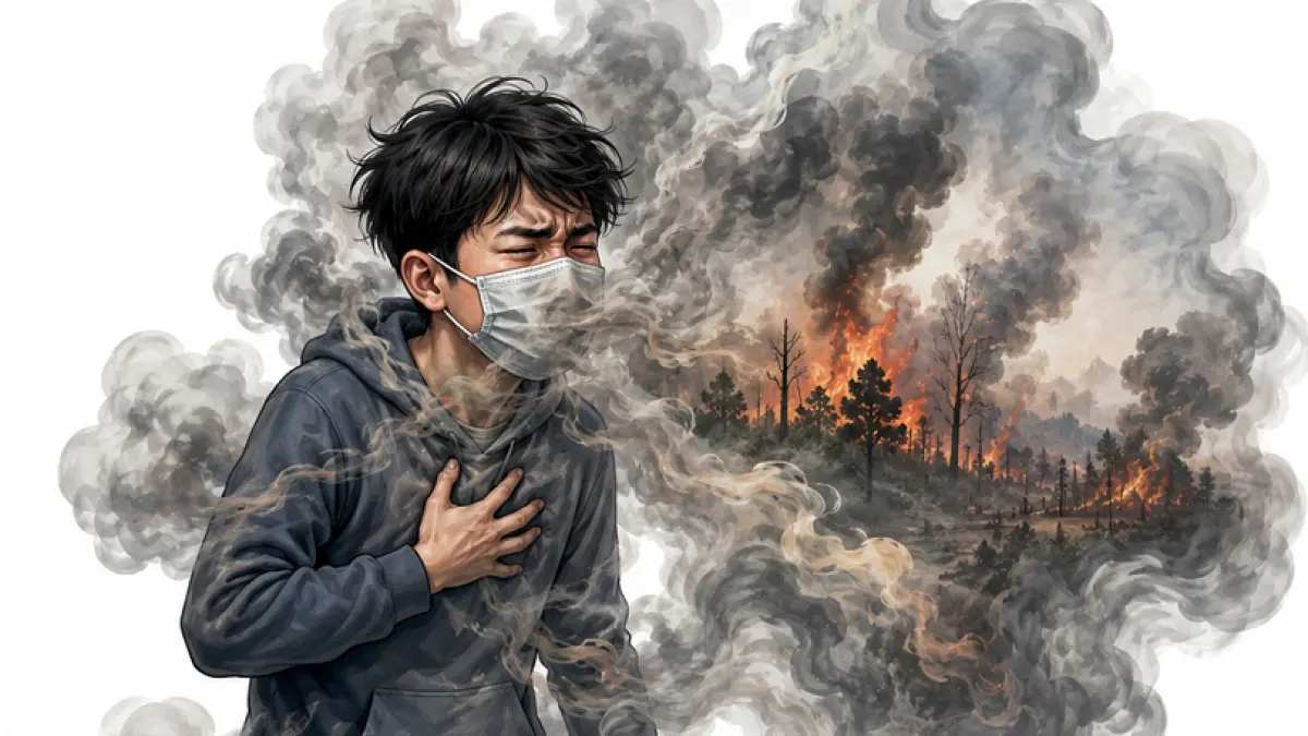 Ilustrasi warga terganggu pernapasan akibat asap kebakaran lahan. (AI)
