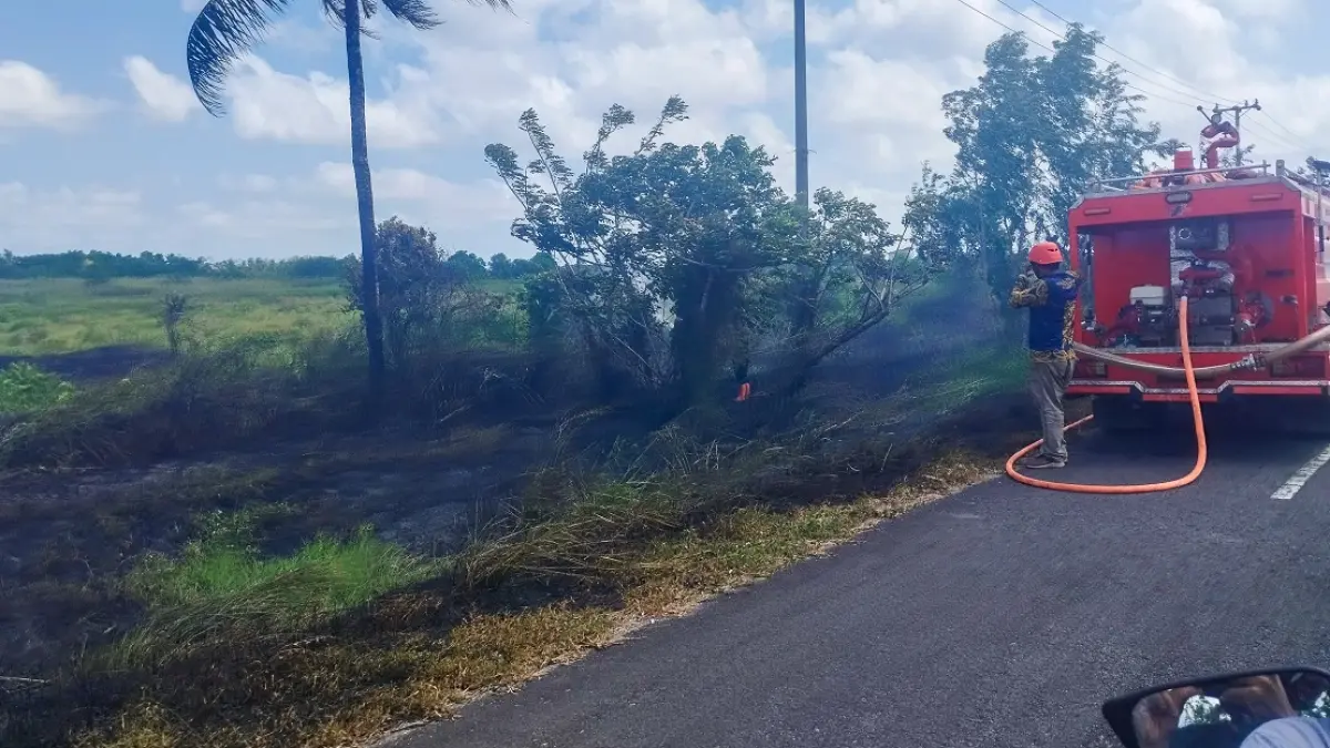 Petugas BPBD Seruyan memadamkan kebakaran lahan di Jalan Tjilik Riwut, Kuala Pembuang, Rabu (15/7).  (RIFANI/RADAR SAMPIT) 
