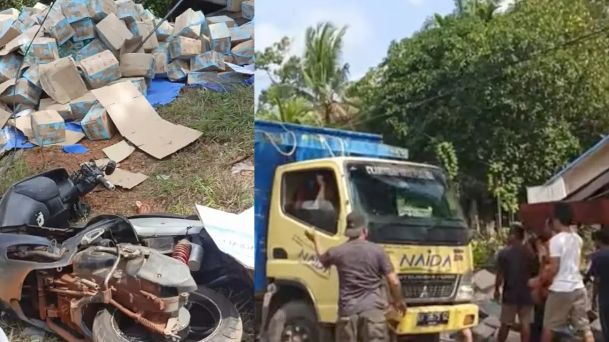 Suasana di lokasi kejadian kecelakaan maut truk terguling dan menimpa pengendara sepeda motor di Desa Sungai Paring, Kecamatan Cempaga, Senin (13/7/2026).&nbsp;