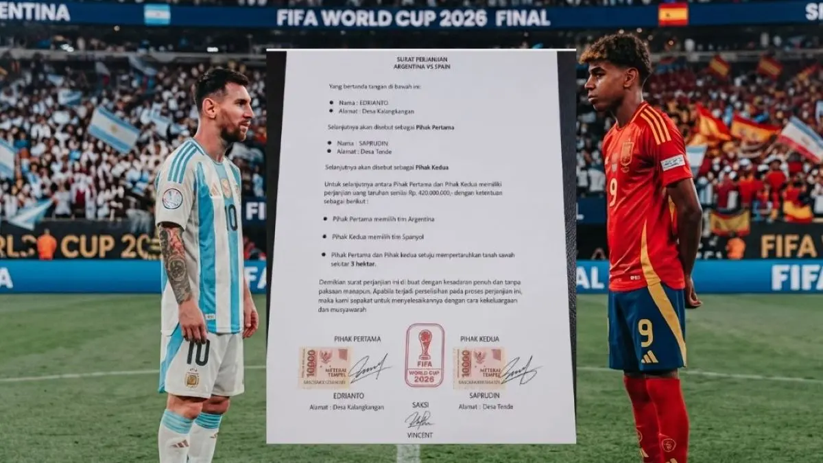 Foto viral berisi surat perjanjian taruhan Final Piala Dunia 2026. (dibuat dengan mode AI)