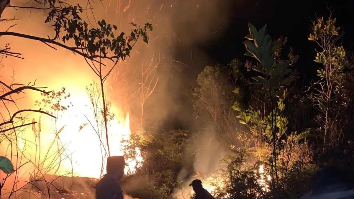 &nbsp;Tim gabungan berupaya padamkan api yang menghanguskan lahan semak belukar, di Desa Karya Bhakti, Kecamatan Rungan, Jumat (17/7) malam. (POLSEK RUNGAN FOR RADAR SAMPIT)&nbsp;