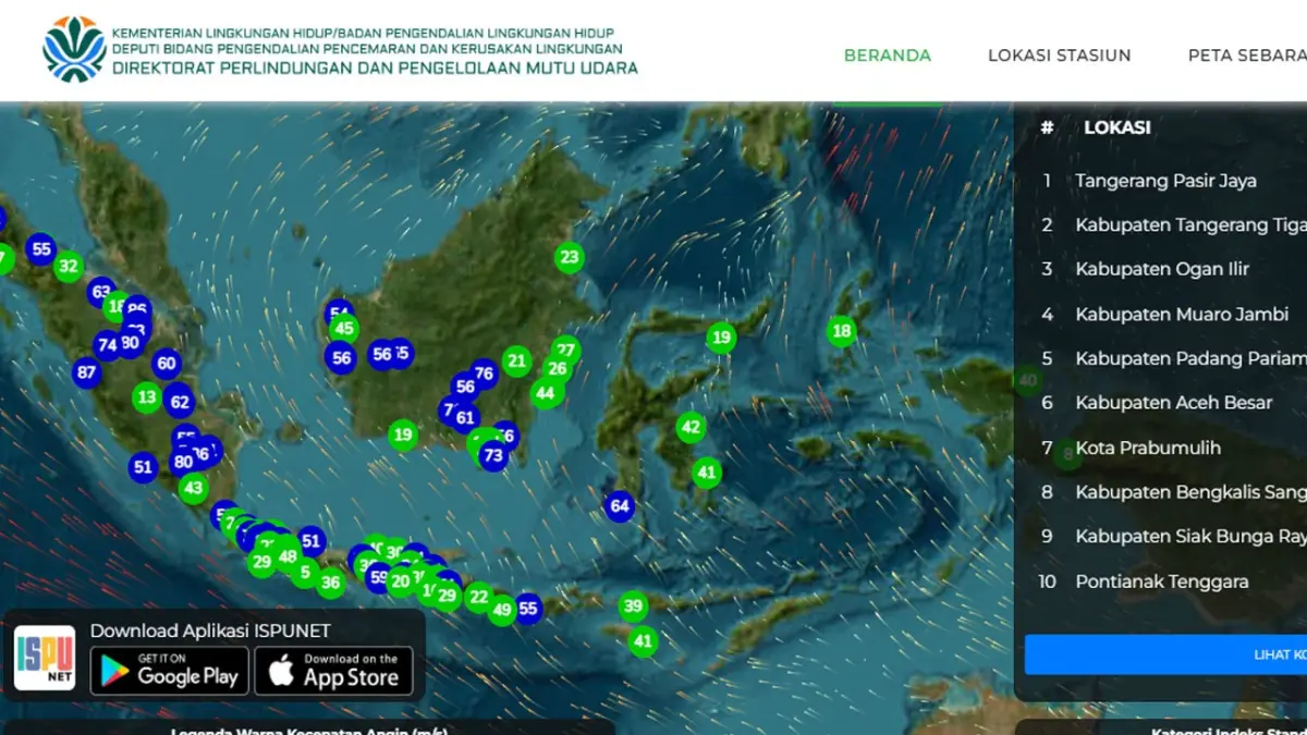 Tangkapan layar laman resmi pemantauan indeks standar pencemaran udara Kementerian Lingkungan Hidup. Dalam laman itu ISPU wilayah Kotawaringin Timur tidak terpantau karena kerusakan alat. (Laman resmi https://ispu.kemenlh.go.id/)