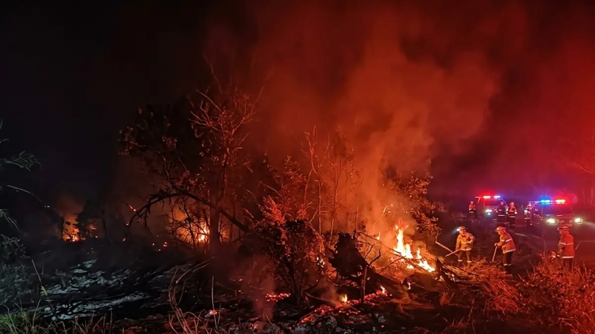 BPBD Kabupaten Kotawaringin Barat memadamkan kebakaran lahan di Desa Purbasari, Kecamatan Pangkalan Lada, Kabupaten Kotawaringin Barat, Kamis 23 Juli 2026, pukul 20.30 WIB. (BPBD KOBAR/RADAR SAMPIT)&nbsp;