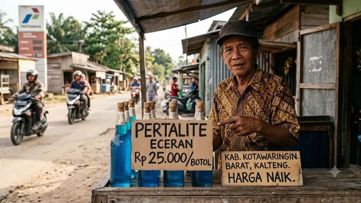 Ilustrasi pedagang di Kotawaringin Lama menjual pertalite Rp 25 ribu per botol. (gemini) 