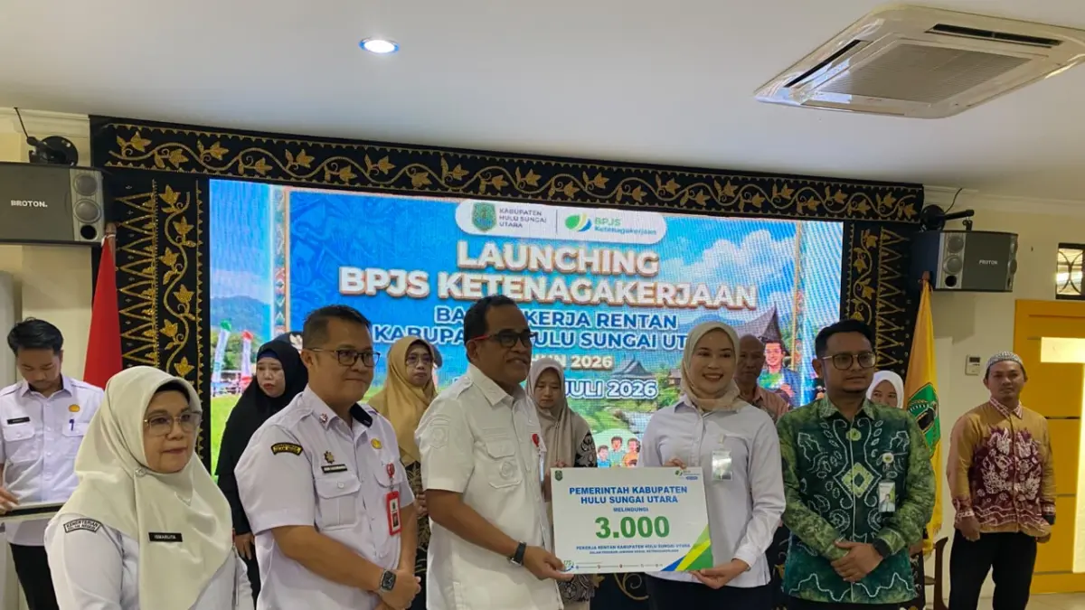 Peluncuran program perlindungan melalui BPJS Ketenagakerjaan bagi pekerja rentan di Kabupaten Hulu Sungai Utara (HSU), Kalimantan Selatan. (Istimewa/Radar Sampit)