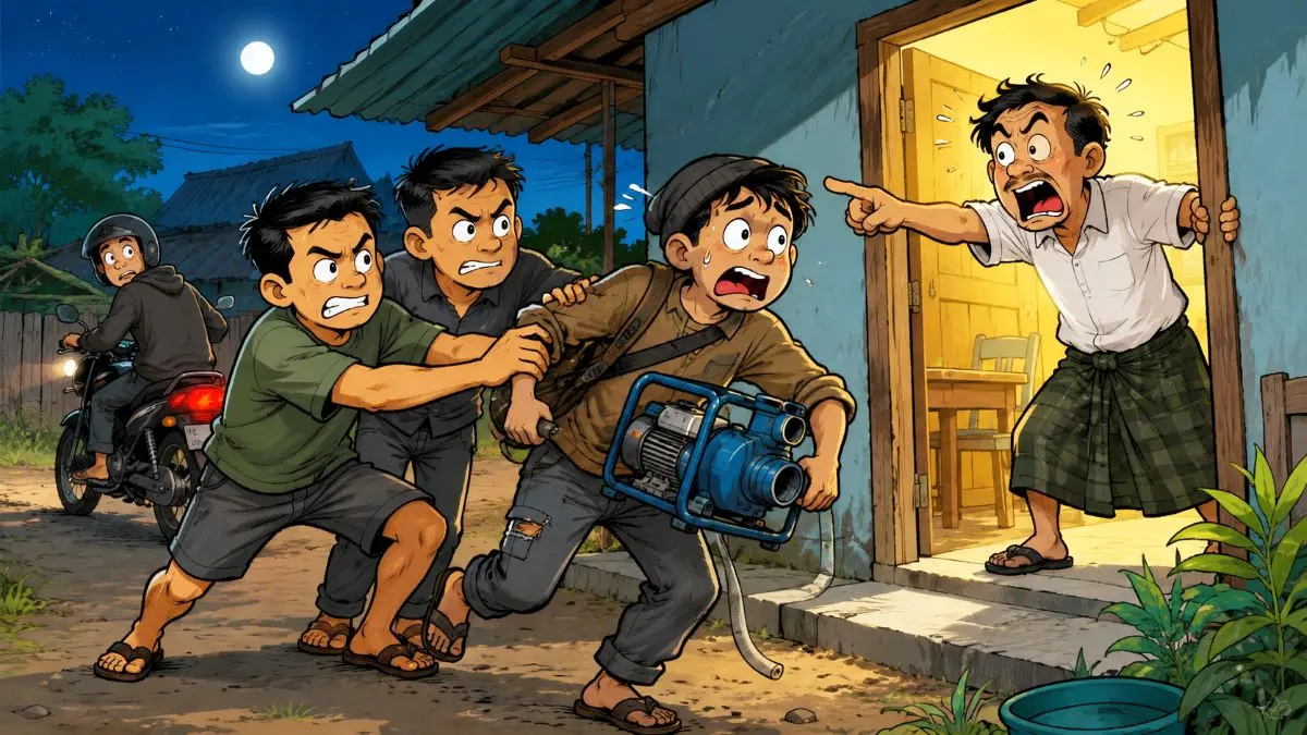 ilustrasi pengamen curi mesin pompa air