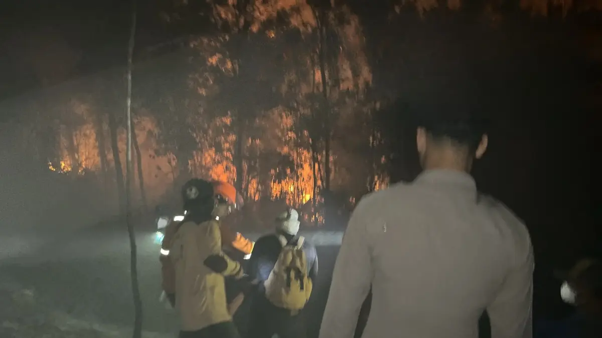 Personel gabungan ketika berupaya memadamkan api yang menghanguskan lahan, di Desa Batu Nyapau, Kecamatan Tewah, Gunung Mas, Rabu (29/7) malam. (HUMAS POLRES GUNUNG MAS)