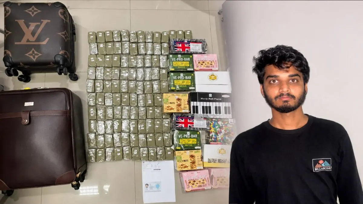 DICOKOK: Pria asal India berinisial Akshay Roshan, 28, diamankan setelah diduga membawa lebih dari 100 bungkus ganja yang disimpan di dalam dua koper saat tiba di Bali dari Singapura, Senin (3/8/2026) (ist/radarbali.id)