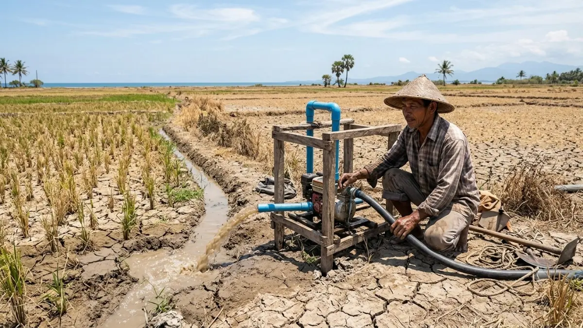 Ilustrasi petani di wilayah pesisir Kabupaten Sukamara mengalami kekeringan sehingga harus membuat sumur bor sebagai sumber air untuk mengairi sawah. (gemini)&nbsp;