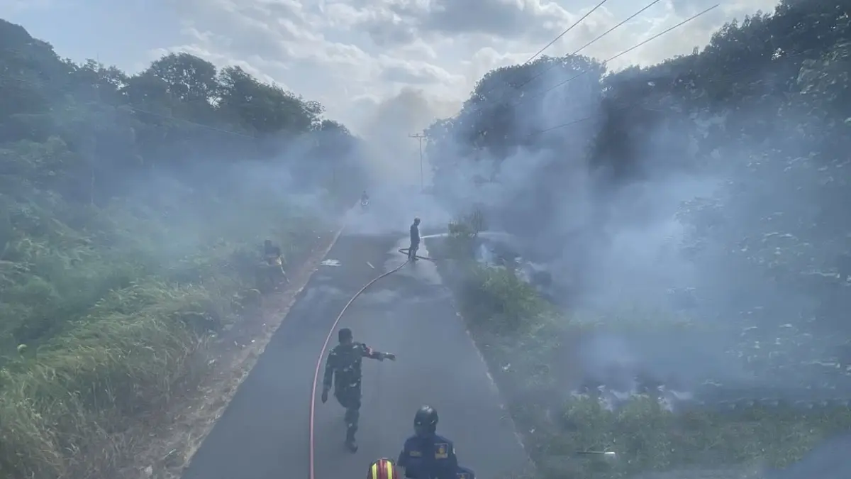 Kebakaran lahan di tepi Jalan Niaga, Desa Pelangsian, Kecamatan Mentawa Baru Ketapang, Jumabt sore (14/8/2026). (Humas Disdamkarmat Kotim)