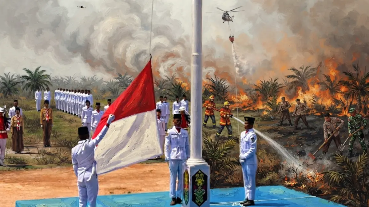 MERDEKA: Ilustrasi upacara pengibaran Bendera Merah Putih pada peringatan detik-detik Proklamasi Kemerdekaan RI, yang dibayangi upaya penanganan karhutla yang masih berlangsung masif di sejumlah wilayah Kalteng, Senin (17/8). (modifikasi AI)