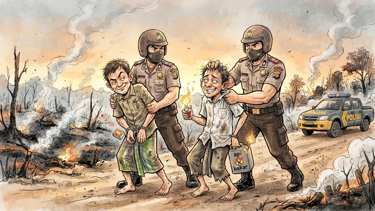 ILUSTRASI: Terduga pembakar lahan diamankan polisi. (Mode AI)