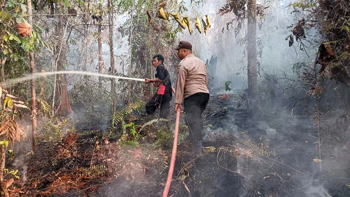 Tim gabungan saat memadamkan kebakaran hutan dan lahan di Desa Tumbang Manjul, Kecamatan Seruyan Hulu, Kabupaten Seruyan, Sabtu (22/8/2026).