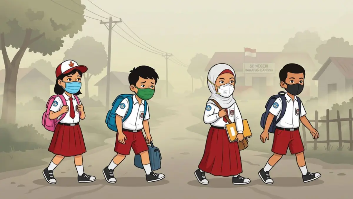 ilustrasi pelajar SD berangka ke sekolah mengenakan masker/Mode AI