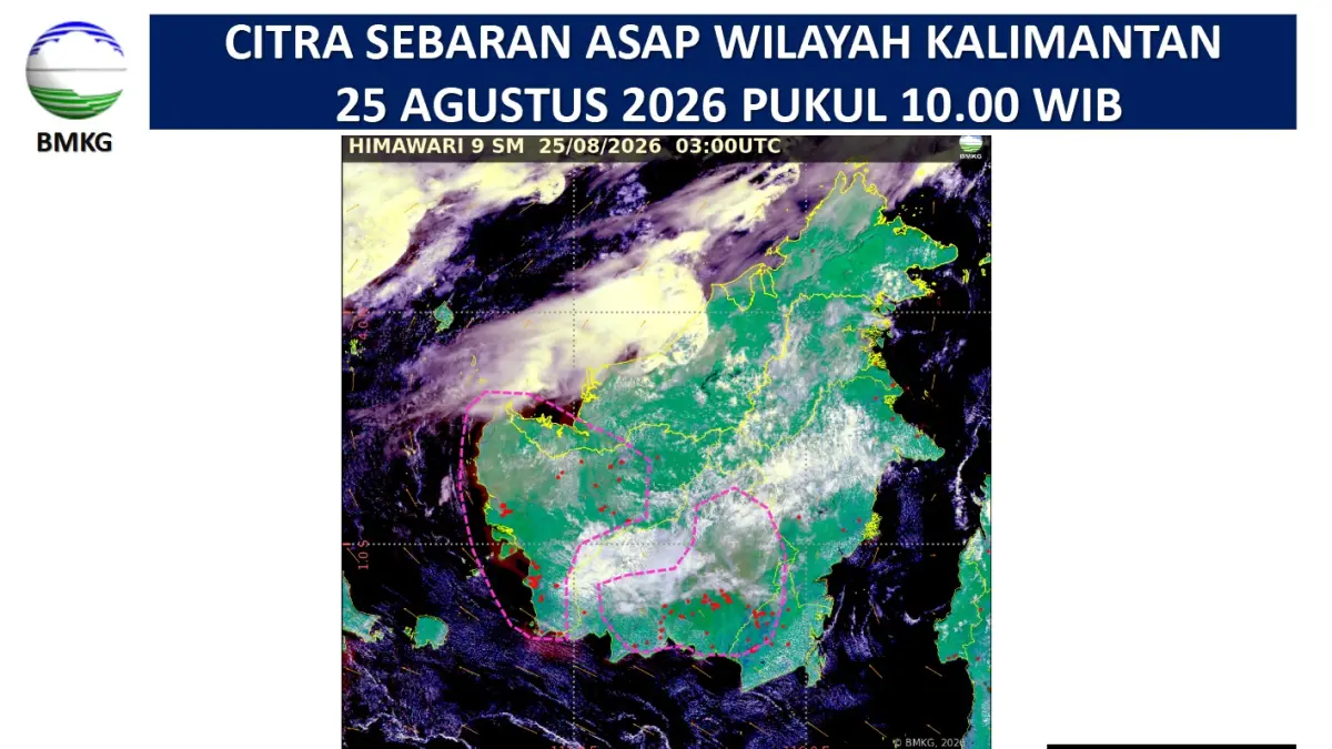 Berdasarkan citra sebaran asap wilayah Kalimantan pada pukul 10.00 WIB, asap terdeteksi di sejumlah wilayah Kalimantan Barat, Kalimantan Tengah, dan Kalimantan Selatan. (Grafis BMKG)&nbsp;