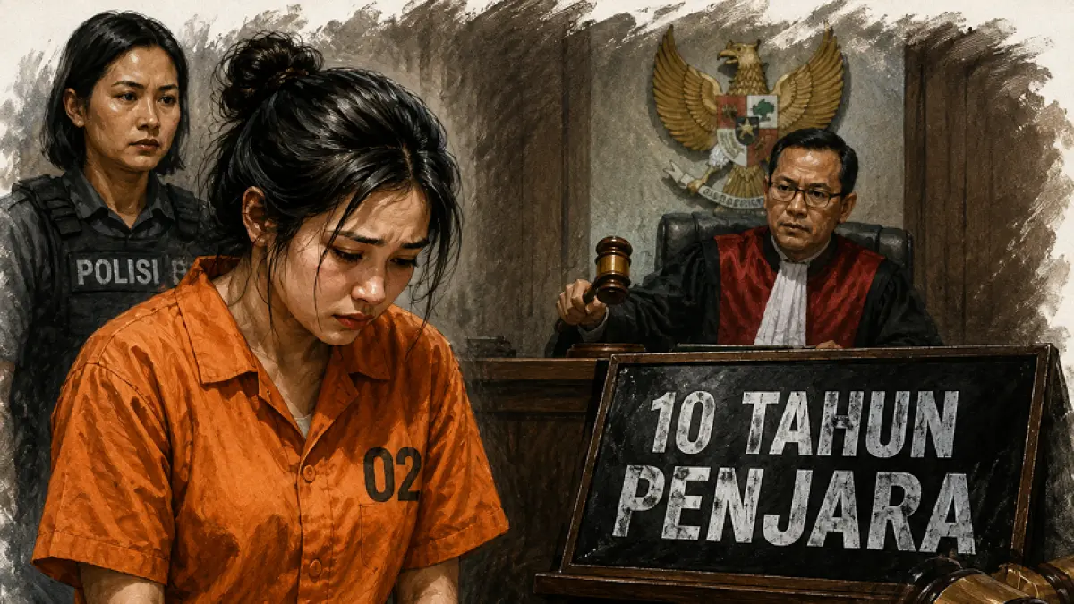 Ilustrasi seorang terdakwa wanita, saat mendapatkan vonis hakim atas kasus narkotika. (diolah dengan AI)