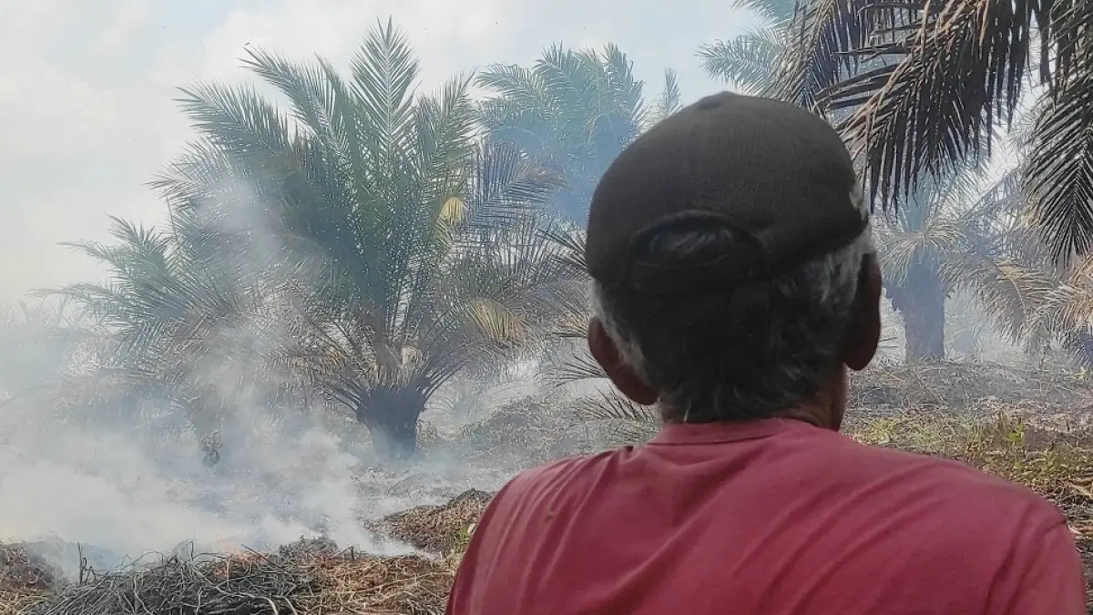 Seorang petani di wilayah Kecamatan Mentaya Hilir Utara (MHU), saat menyaksikan kebunnya yang terbakar, beberapa waktu lalu.(dok.radarsampit)