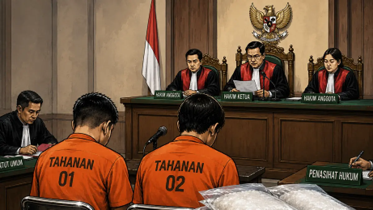 ilustrasi persidangan terdakwa narkoba. (diolah dengan AI)