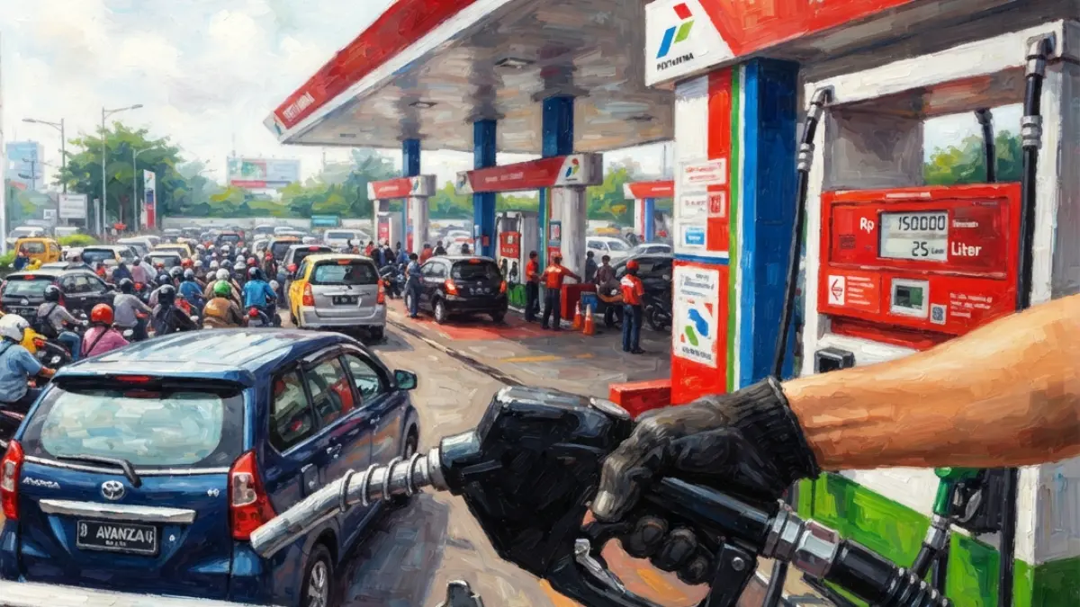 Ilustrasi antrean BBM di SPBU di dalam kota. (olahan AI)