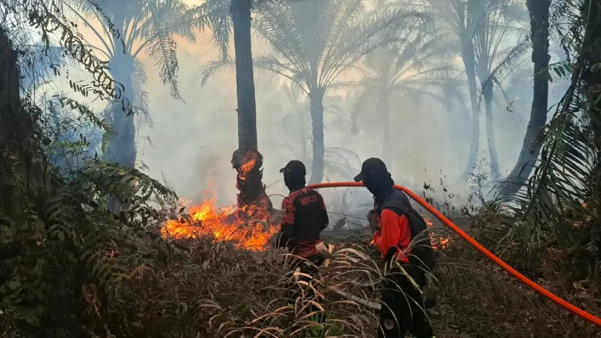 Tim gabungan memadamkan kebakaran di lima titik wilayah Kecamatan Bulik, Kabupaten Lamandau, Minggu (30/8). (Ria/Radar Sampit) 