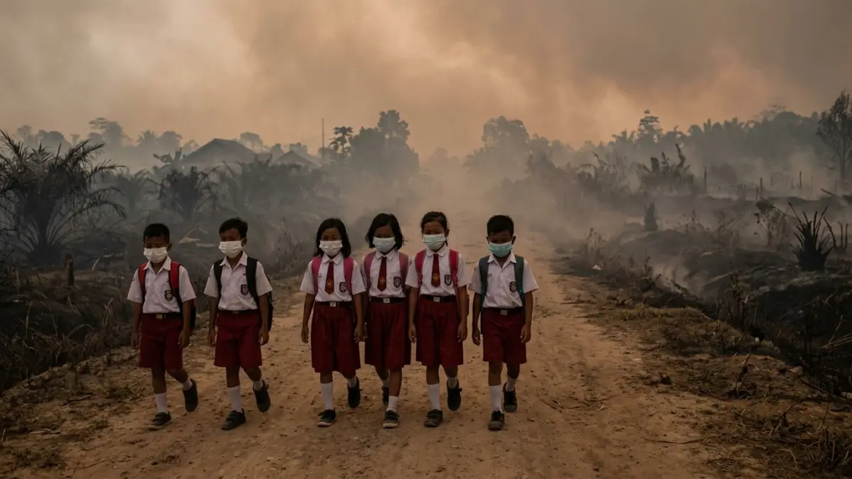 Ilustrasi anak-anak berangkat ke sekolah dengan kondisi udara yang terdampak kabut asap akibat kebakaran hutan dan lahan. (gemini) 

&nbsp;