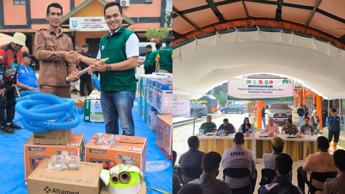 Manajemen PT GAP menyerahkan bantuan secara simbolis kepada Kades Kandan Agus Prawito dan Wabup Kotim Irawati saat menyampaikan sambutan pada acara penyerahan bantuan sarana dan peralatan Damkar, di Posko Karhutla BPBD Kotim, Sabtu (5/9/2026).
