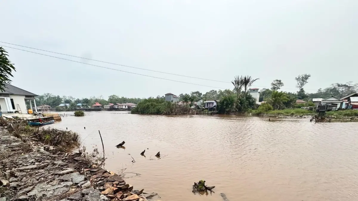 Kondisi perairan Sungai Mentaya di sekitar pipa intake PDAM di Desa Ramban, Kecamatan Mentaya Hilir Utara, saat kemarau sering surut dan tidak bisa melakukan penyedotan, masalah lainnya intrusi air laut sudah terjadi di wilayah itu, sehingga airnya menjadi payau tidak bias dikonsumsi. (Perumda Tirta Mentaya)