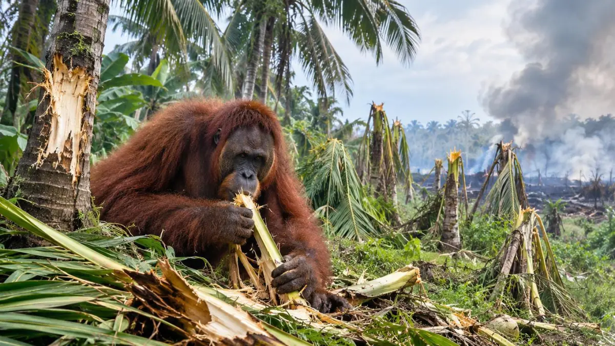 Ilustrasi orangutan rusak kebun kelapa warga. (Dibuat dengan akal imitasi/Radar Sampit)