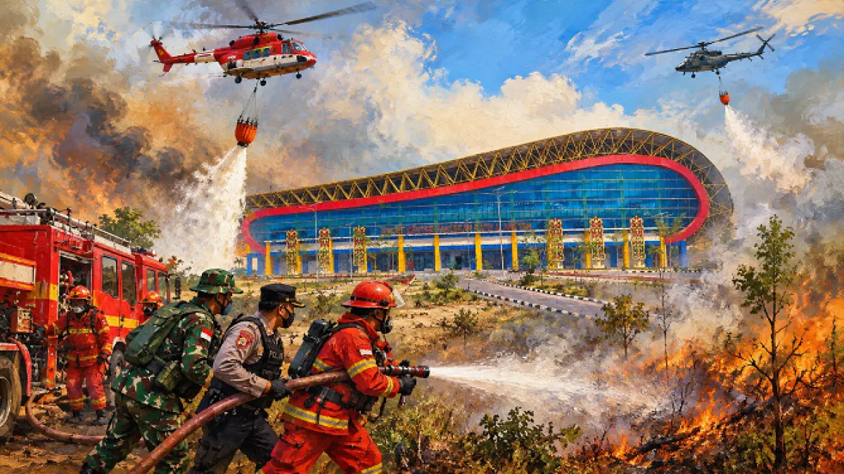 dok.radarsampit/modifikasi AI
DIBAYANGI KARHUTLA: Ilustrasi upaya penanganan karhutla yang membayangi persiapan Porprov XIII Kalteng dengan latar belakang fasilitas Sport Center Pangeran Ratu Alamsyah, di Pangkalan Bun yang akan menjadi salah satu venue utama.