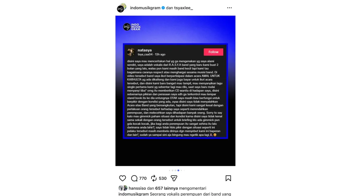 Tangkapan layar postingan terkait dugaan pelecehan vokalis band (instagram/indomusikgram)