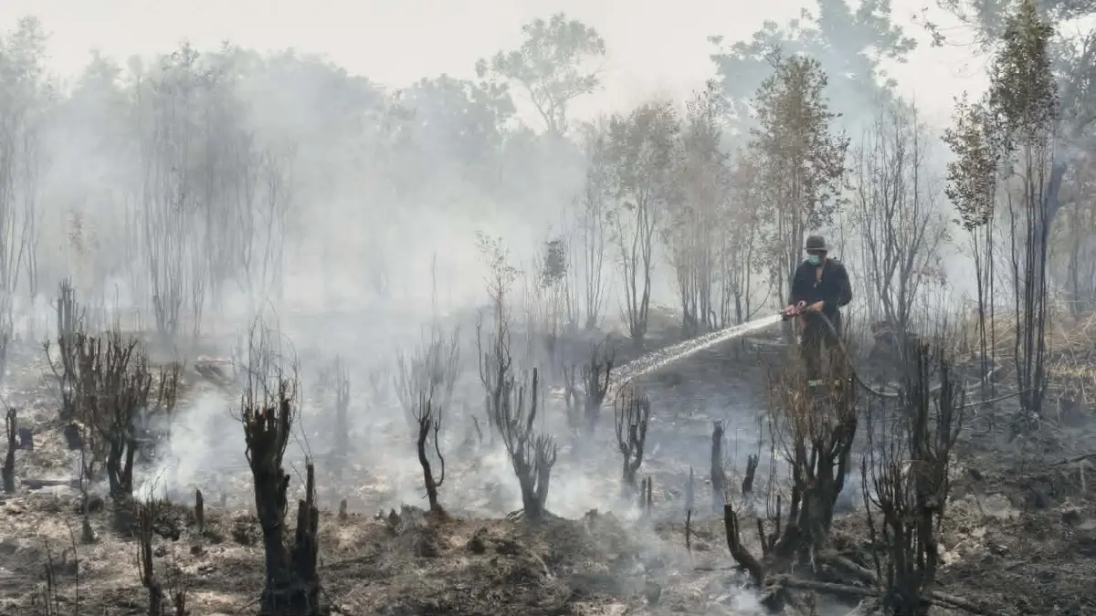 Pembasahan kembali lahan bekas terbakar yang terus dilakukan tim gabungan di sekitar Kota Palangka Raya, Rabu (23/9).(dodi/radarsampit)