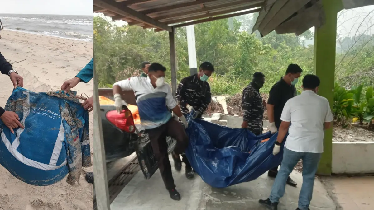 EVAKUASI: Petugas gabungan saat mengevakuasi tiga jenazah dari pesisir Pantai Sukamara, Kalteng ke RSUD setempat. Petugas menunjukkan salah satu pakaian kerja salah satu mayat yang bertuliskan Virgo Karya Shipping UNITING INDONESIA. (warga/radar sampit)