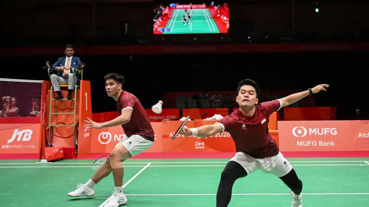 Pebulu tangkis Ganda putra Indonesia, Leo Rolly Carnando/Daniel Marthin saat tampil di final Asian Games 2026, Selasa (29/9).(net)