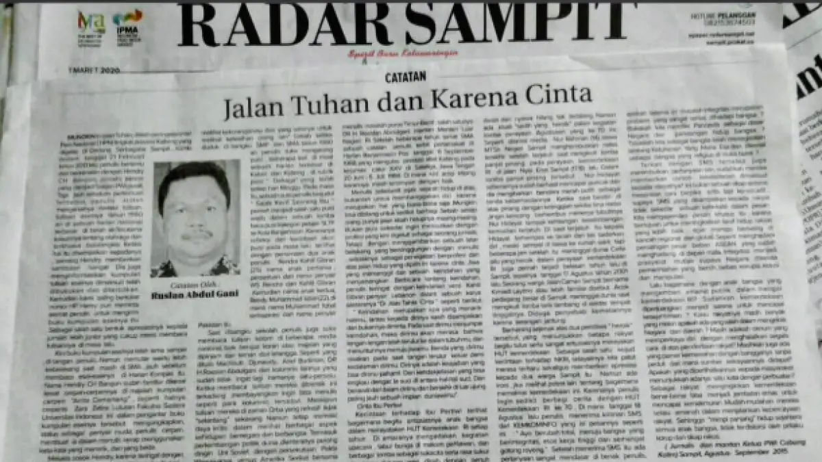 Salah satu kliping karya tulis Ruslan Abdul Gani, yang pernah terbit di Koran Radar Sampit.(dok.pribadi)
