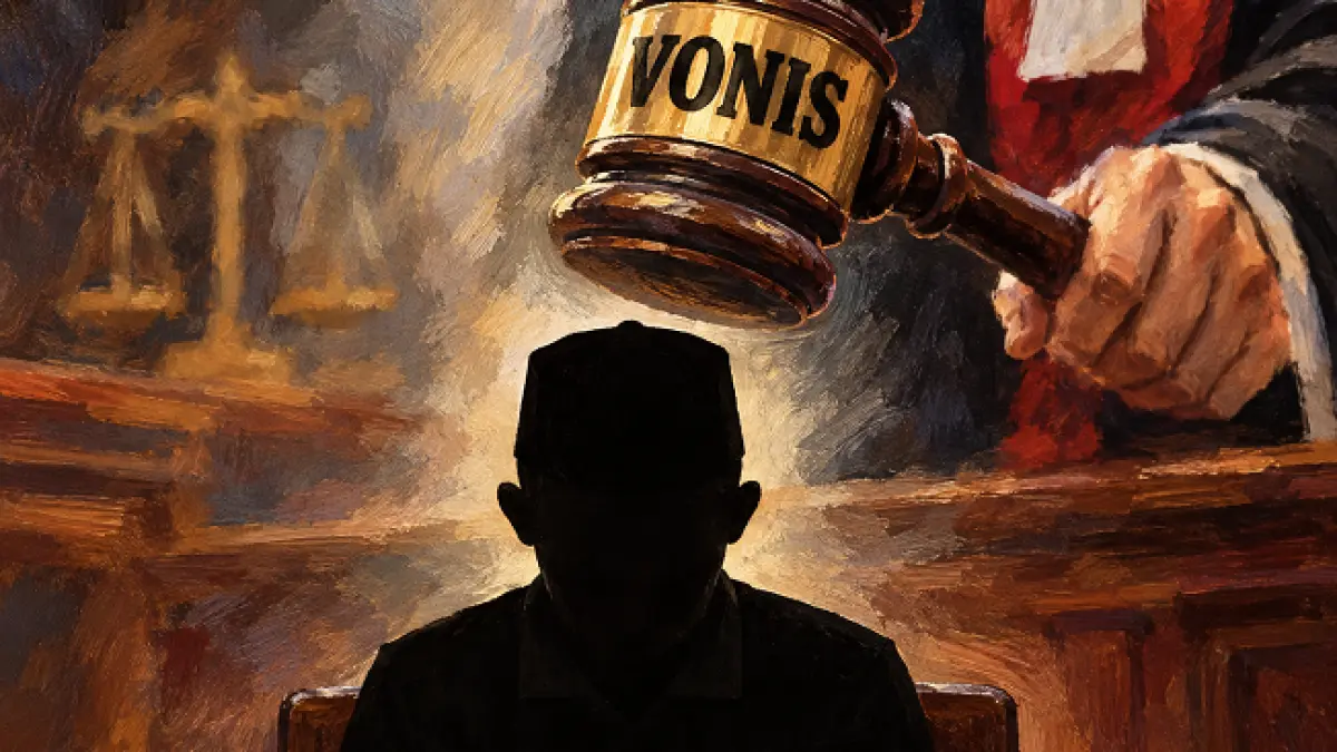 Ilustrasi seorang terdakwa kasus narkoba saat mendapatkan vonis berat dari hakim. (modifikasi AI)