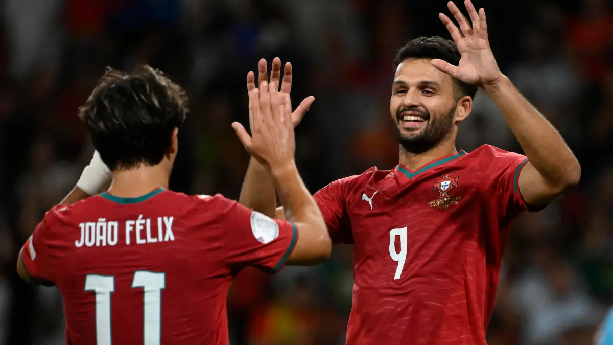 Gonçalo Ramos merayakan kemenangan Portugal (AFP via Getty Images/uefa.com)