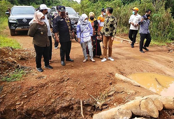 BAKAL DIPERBAIKI: Wabup Kotim Irawati didampingi Direktur Radar Sampit Siti Fauziah mengecek lokasi jalan menuju Desa Terantang Hilir yang rusak, kemarin (3/2). (RADAR SAMPIT) Persiapan Festival Balap Ces memeriahkan HUT ke-69 Kabupaten BAKAL DIPERBAIKI: