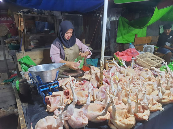 STABIL: Penjualan harga ayam potong di Pasar Tradisional Jalan MT Haryono yang terpantau stabil, Sabtu (2/9). (HENY/RADAR SAMPIT)