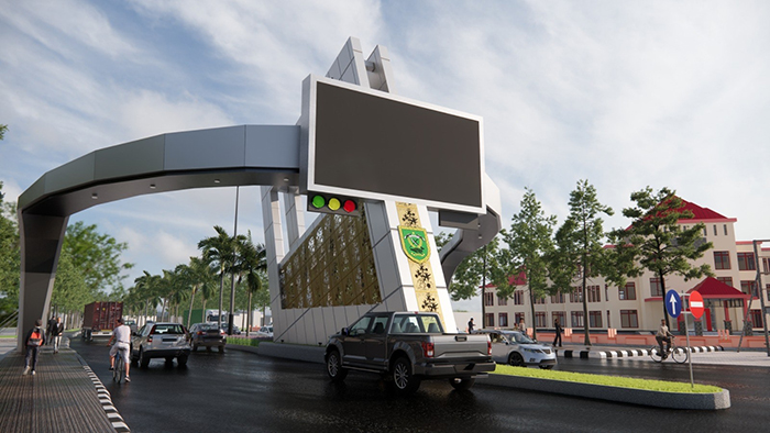 SEMAKIN CANTIK: Revitalisasi Gerbang Gapura Selamat Datang di simpang empat KM 5 segera rampung dan mempercantik perwajahan kota.