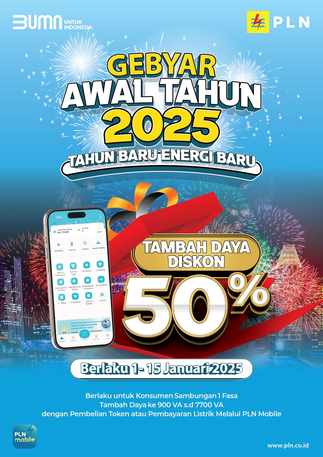 PLN promo diskon tambah daya listrik program Gebyar Awal Tahun 2025. Dengan melakukan transaksi di aplikasi PLN Mobile, pelanggan bisa mendapatkan potongan 50% untuk penambahan daya listrik.