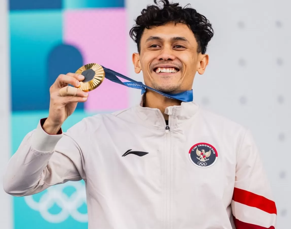 Veddriq Leonardo ketika meraih medali emas Olimpiade 2024. (Instagram/veddriqleonardo)